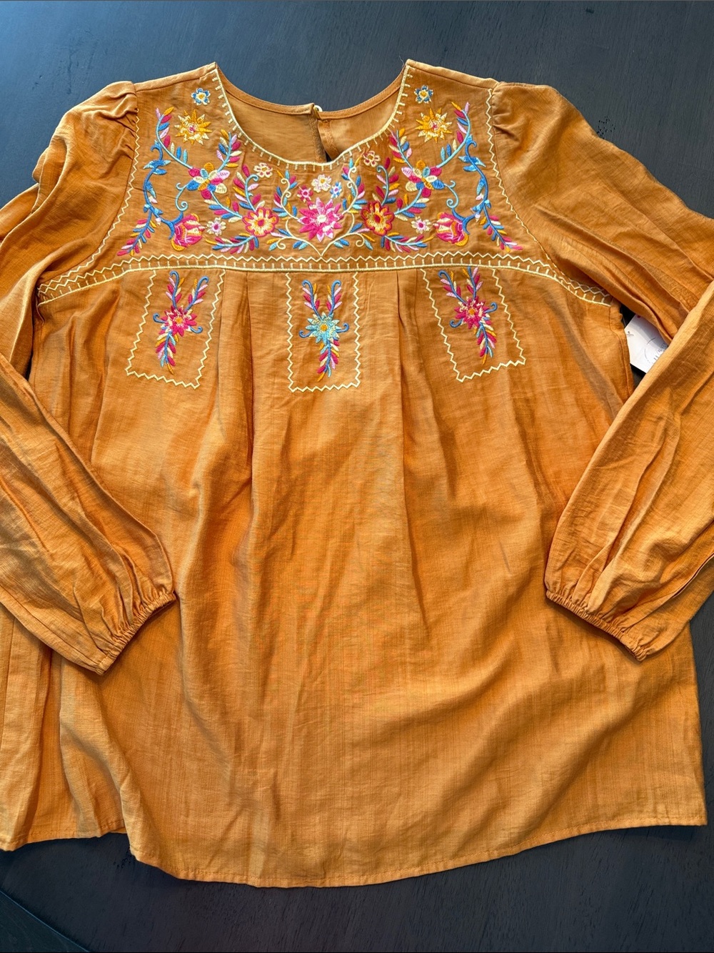 Embroidered Mustard Long-Sleeve Women’s Top - Picture 6 of 8